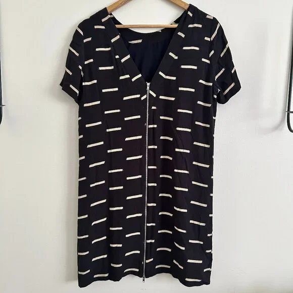 Madewell Size 6 Navy Blue White Ikat Dash Short Sleeve Rear Zip Shift Mini Dress - Picture 3 of 4